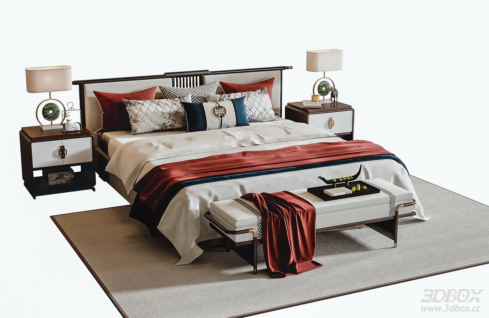 Modern Bedroom Bed with Nightstands and Stool
