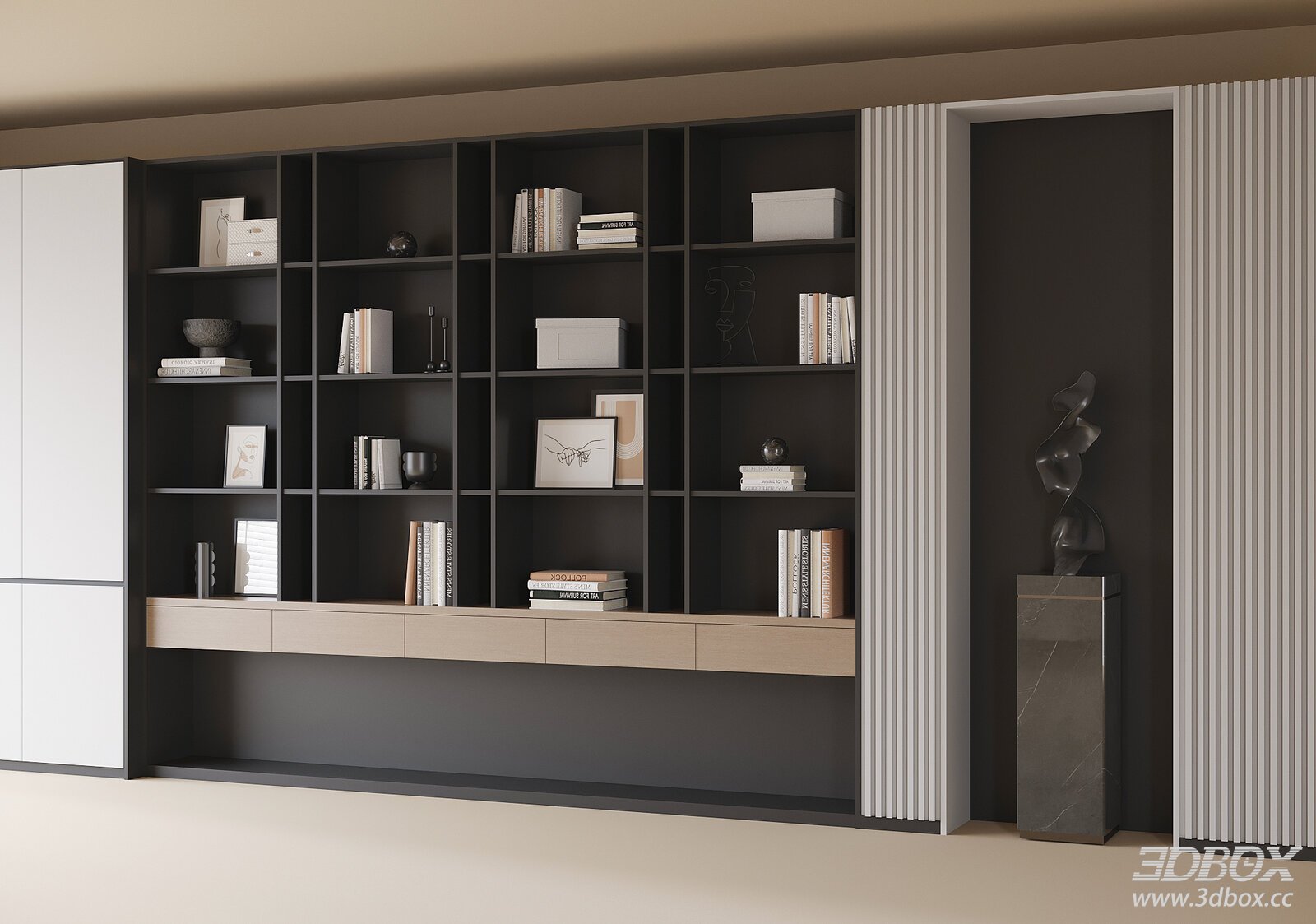 Modern Cabinet with Books and Sculpture