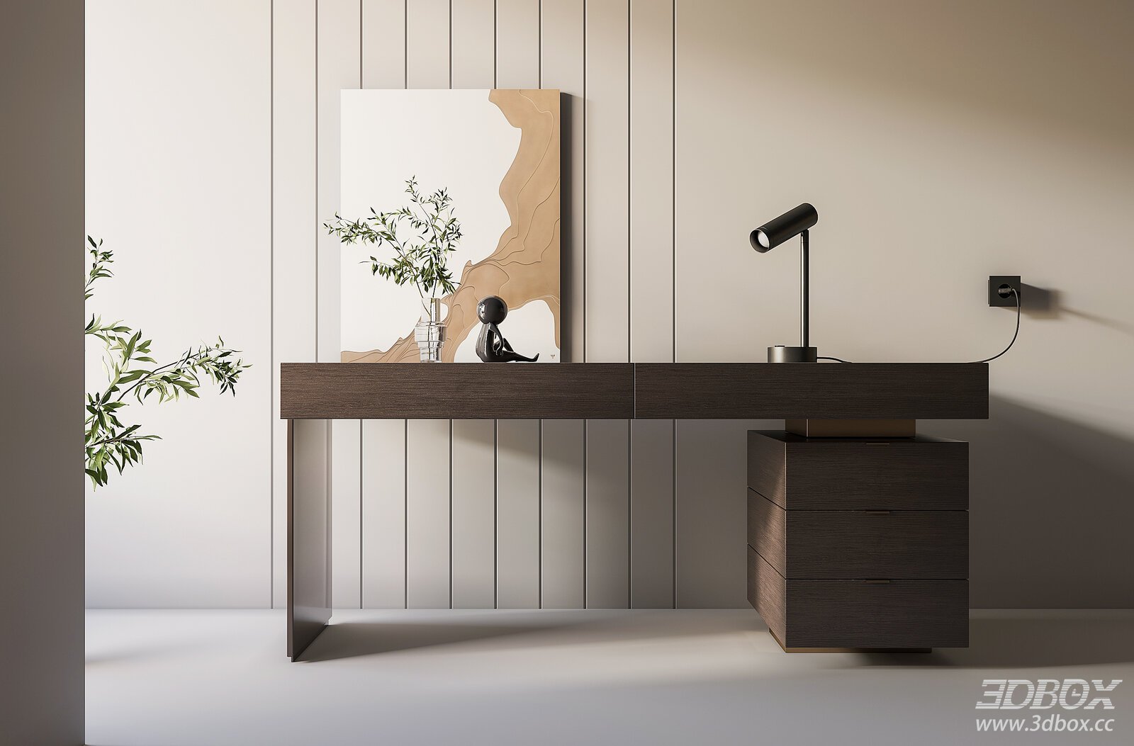 Modern Wooden Desk with Lamp and Painting