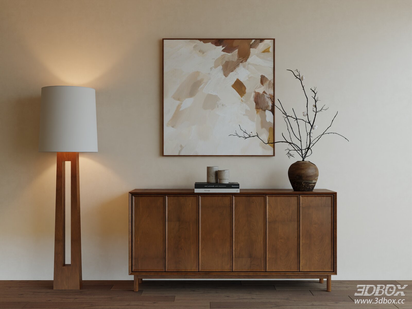 Modern Cabinet with Floor Lamp and Painting in Living Room
