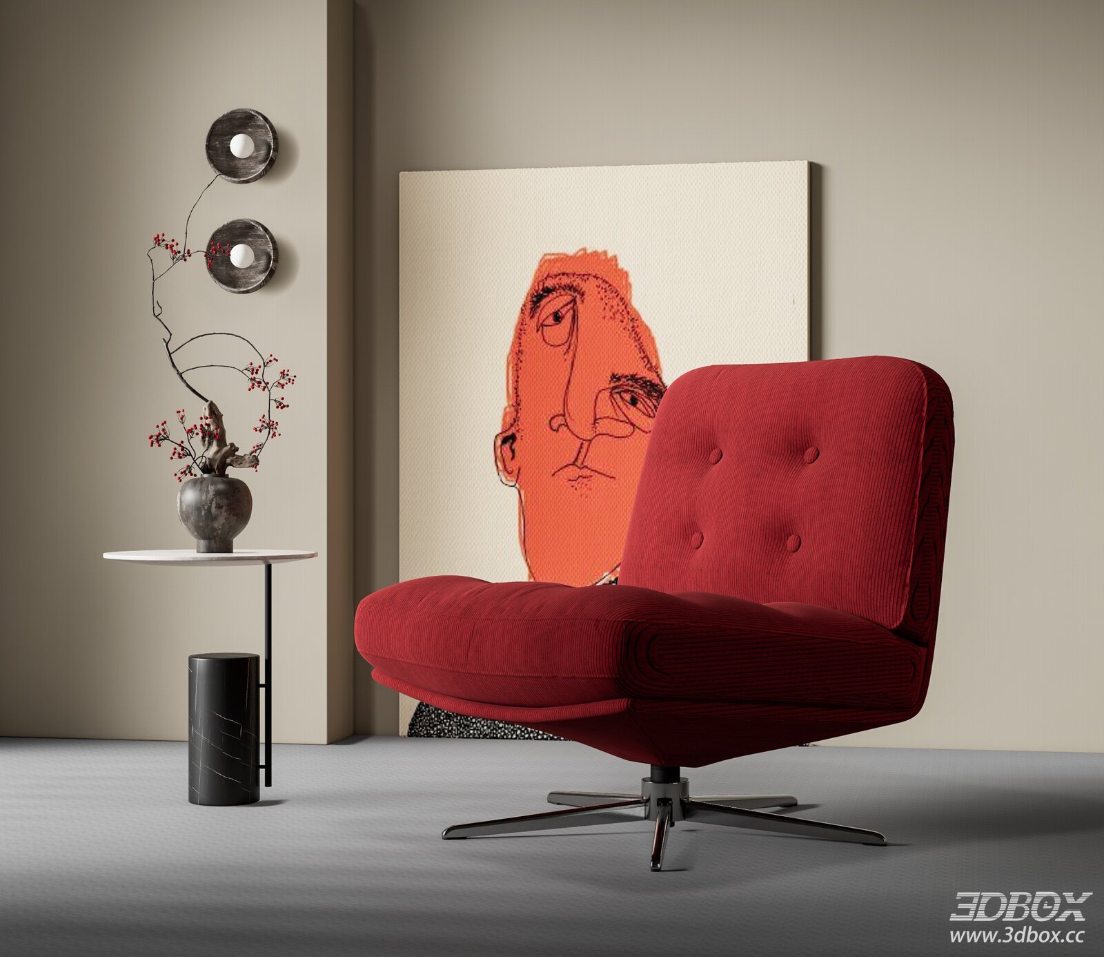 Modern Red Fabric Armchair in Living Room Setting