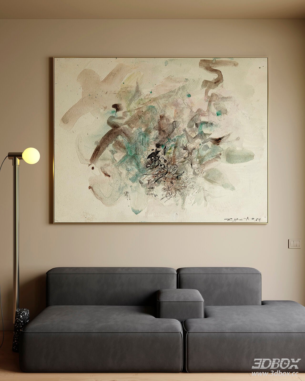 Modern Living Room Sofa with Floor Lamp and Painting