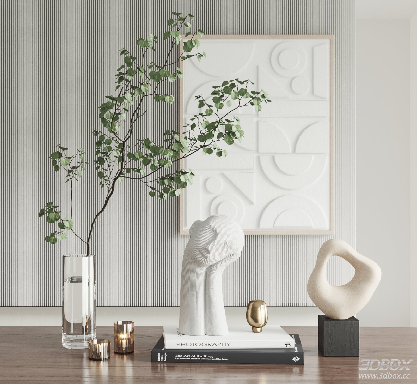 Modern Decorative Objects on Table with Plant and Sculptures