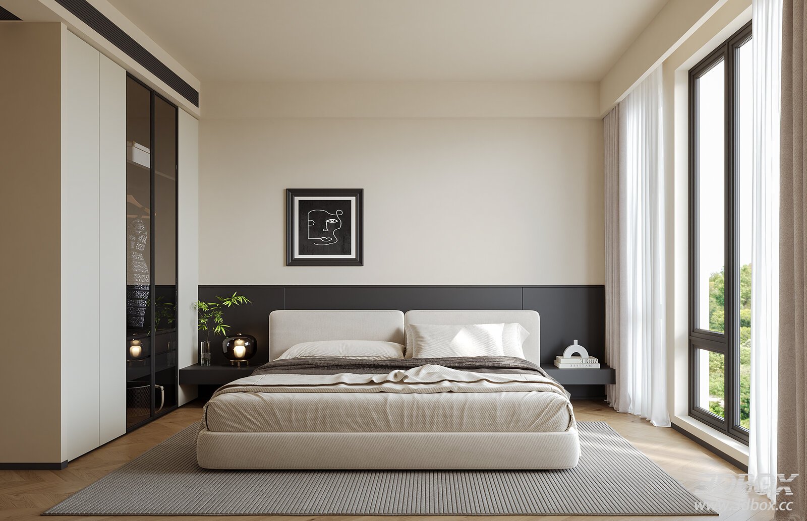 Modern Bedroom Interior with Bed and Cabinet