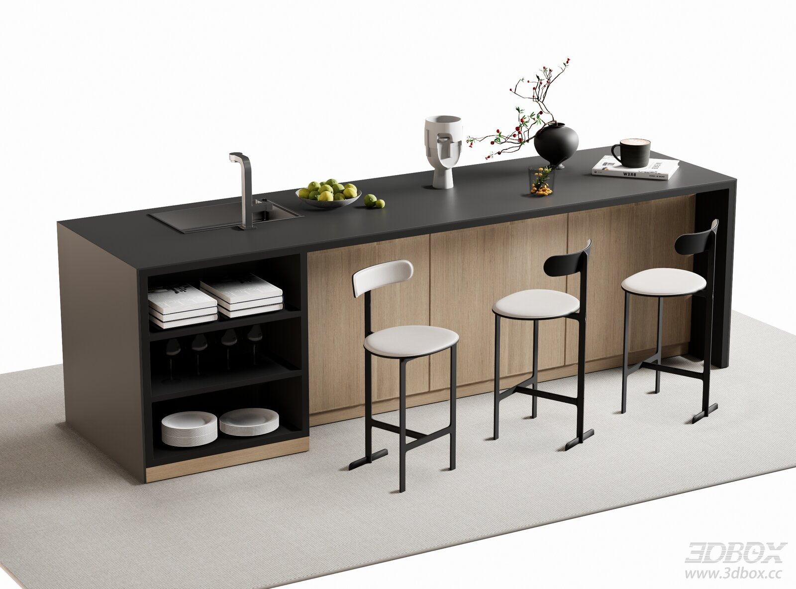 Modern Bar Counter with Stools and Cabinet