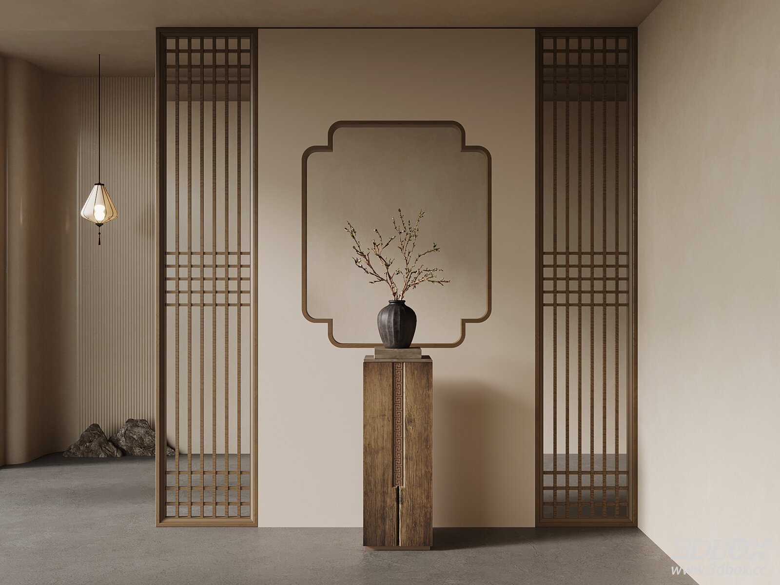 Modern Hallway Cabinet with Vase and Lamp