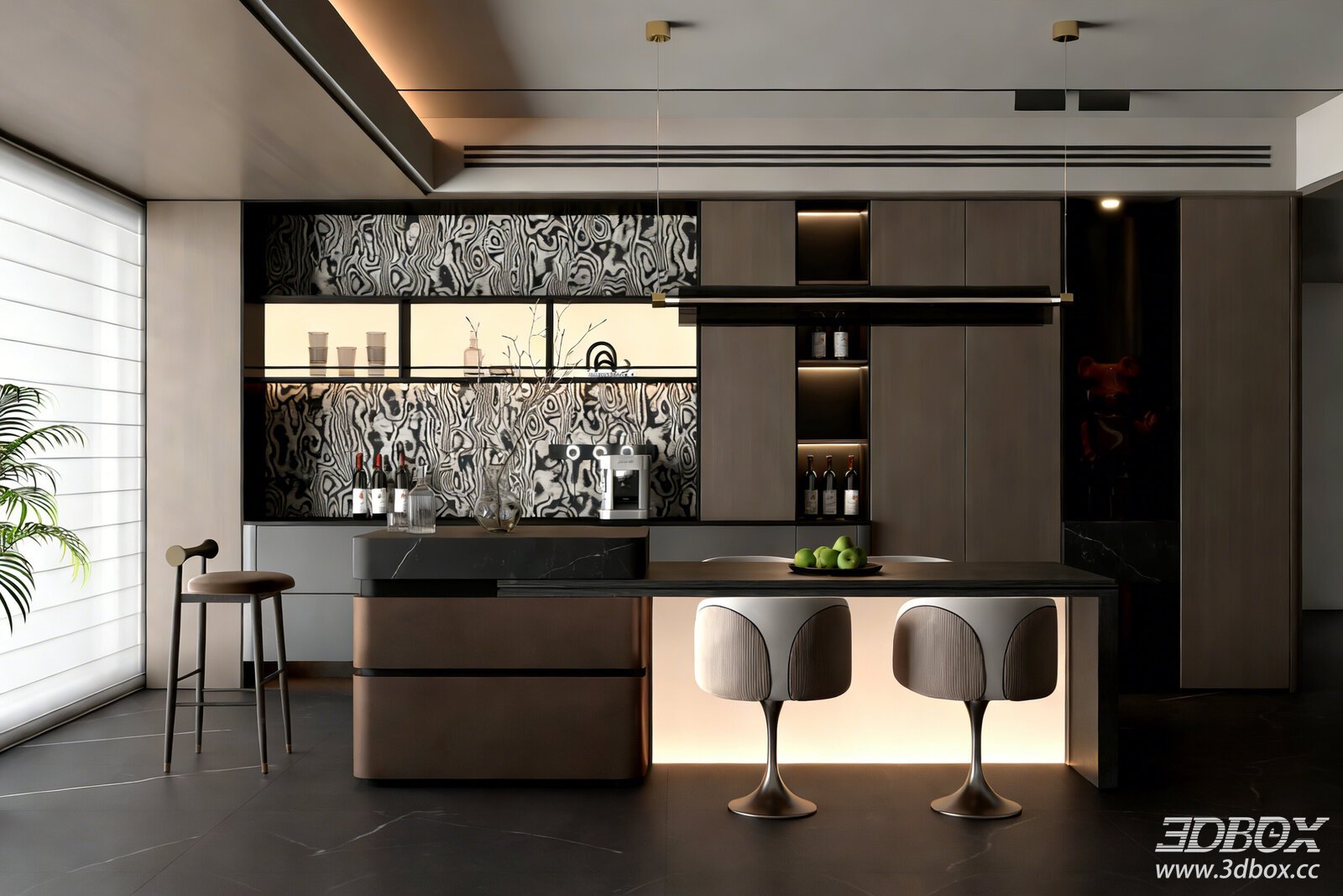 Modern Kitchen with Bar Counter and Stools
