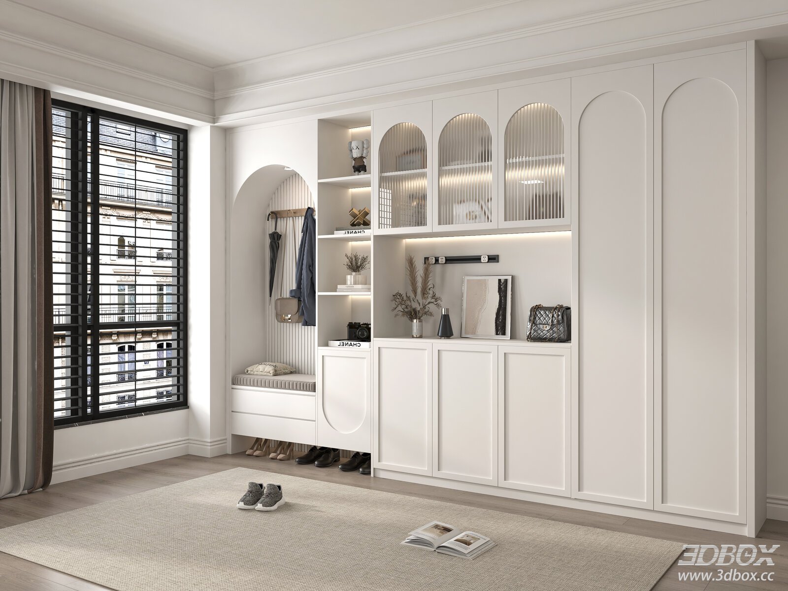 Modern White Hallway Cabinet with Arch Design