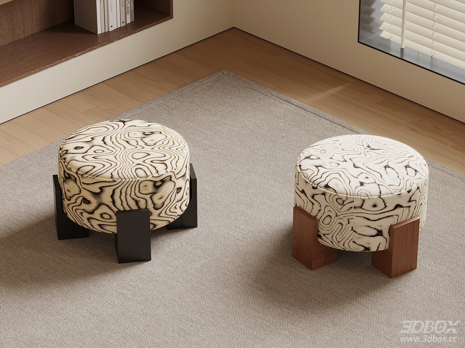 Fabric - Upholstered Stools with Wooden Bases