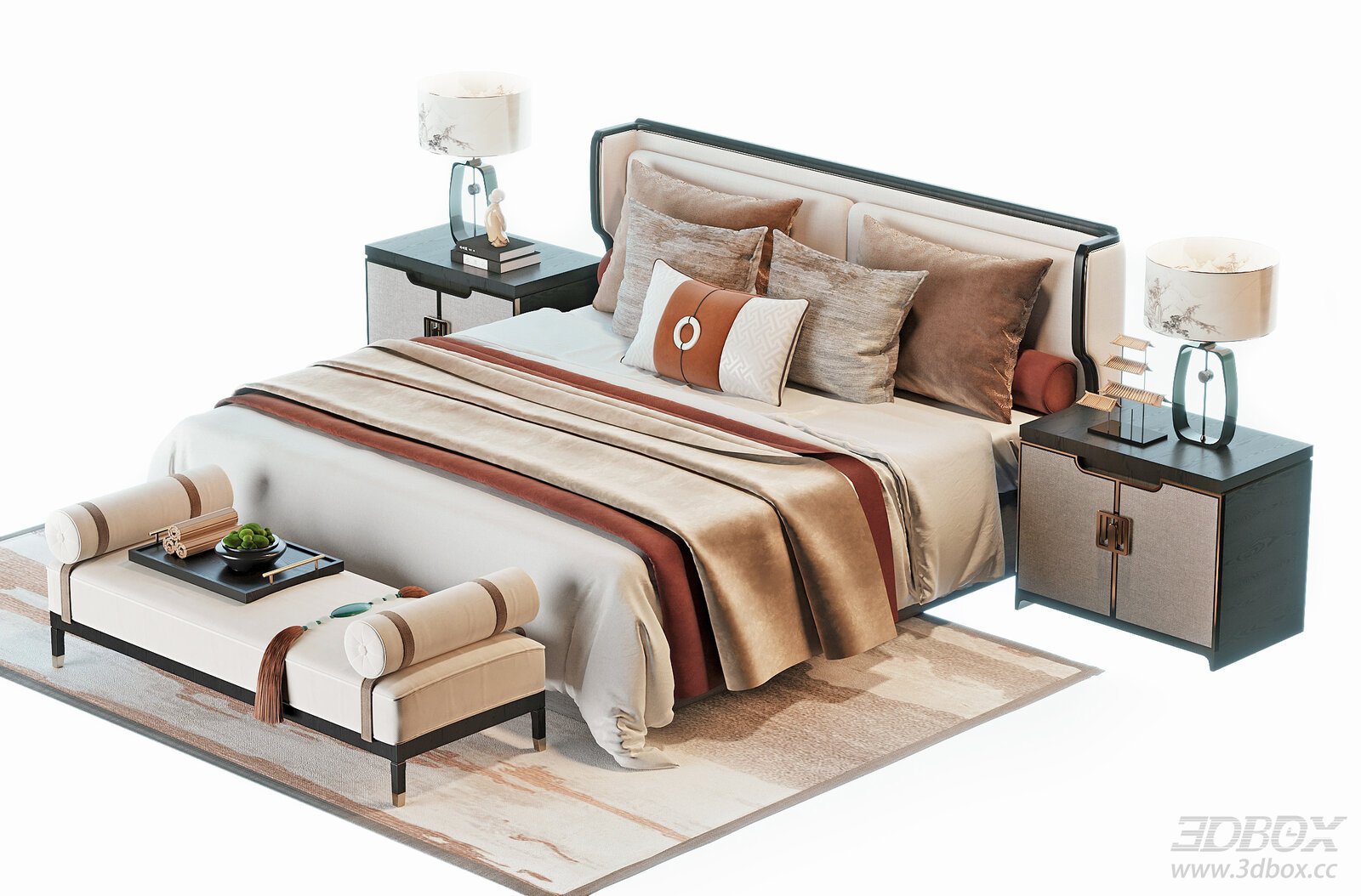 Modern Double Bed with Side Tables and Pillows