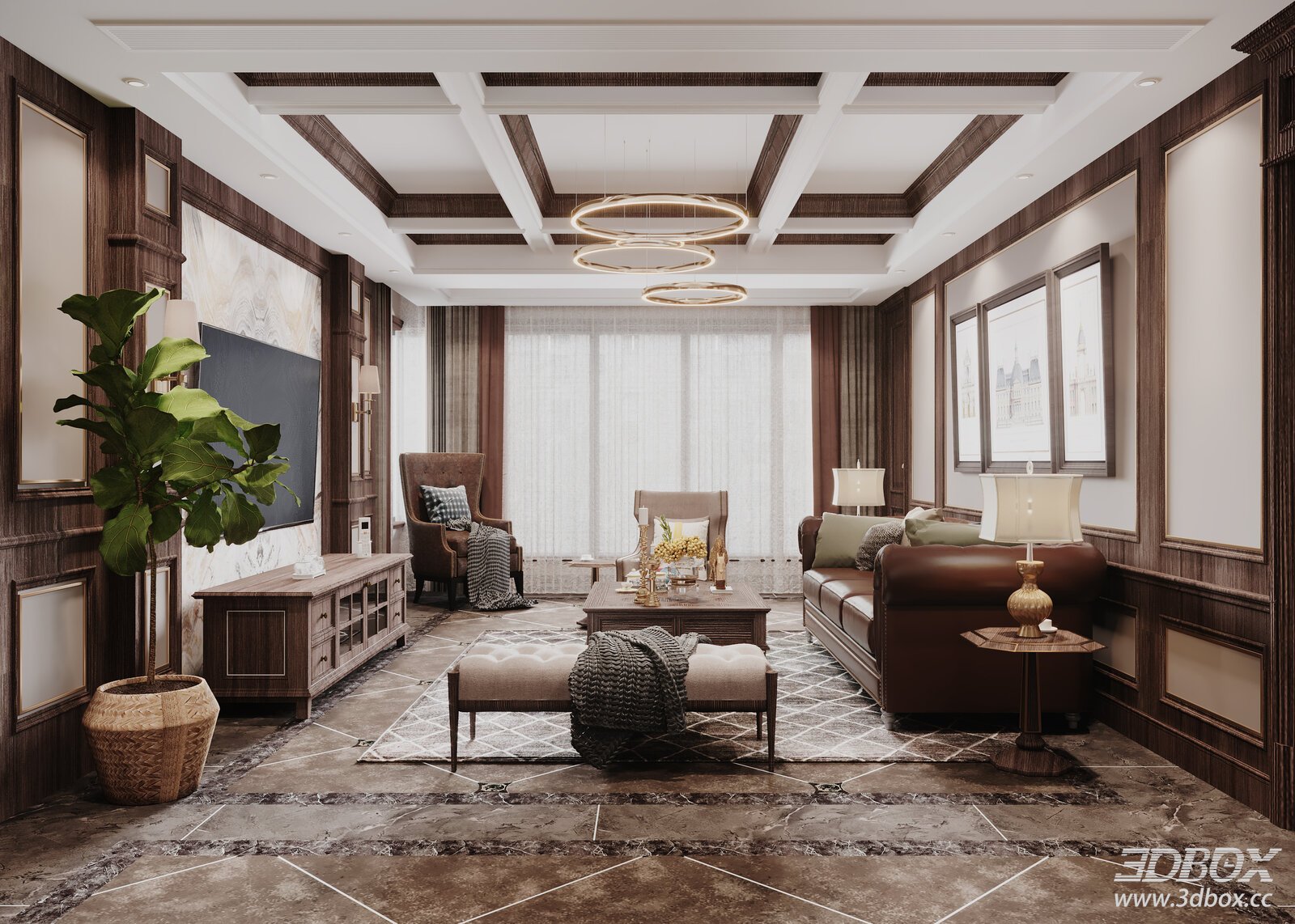 Modern Wooden Living Room with Sofa Set and Coffee Table