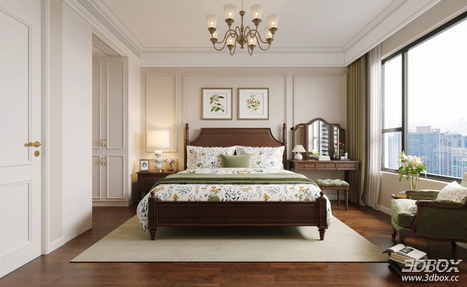 Classic Bedroom with Wooden Bed and Chandelier