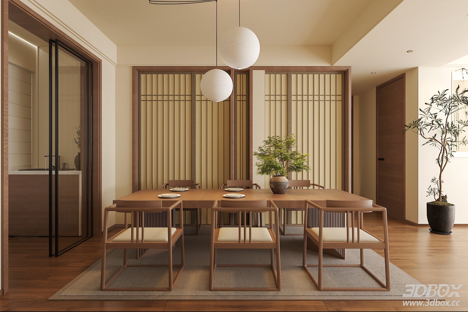 Modern Minimalist Dining Room with Wooden Table and Chairs