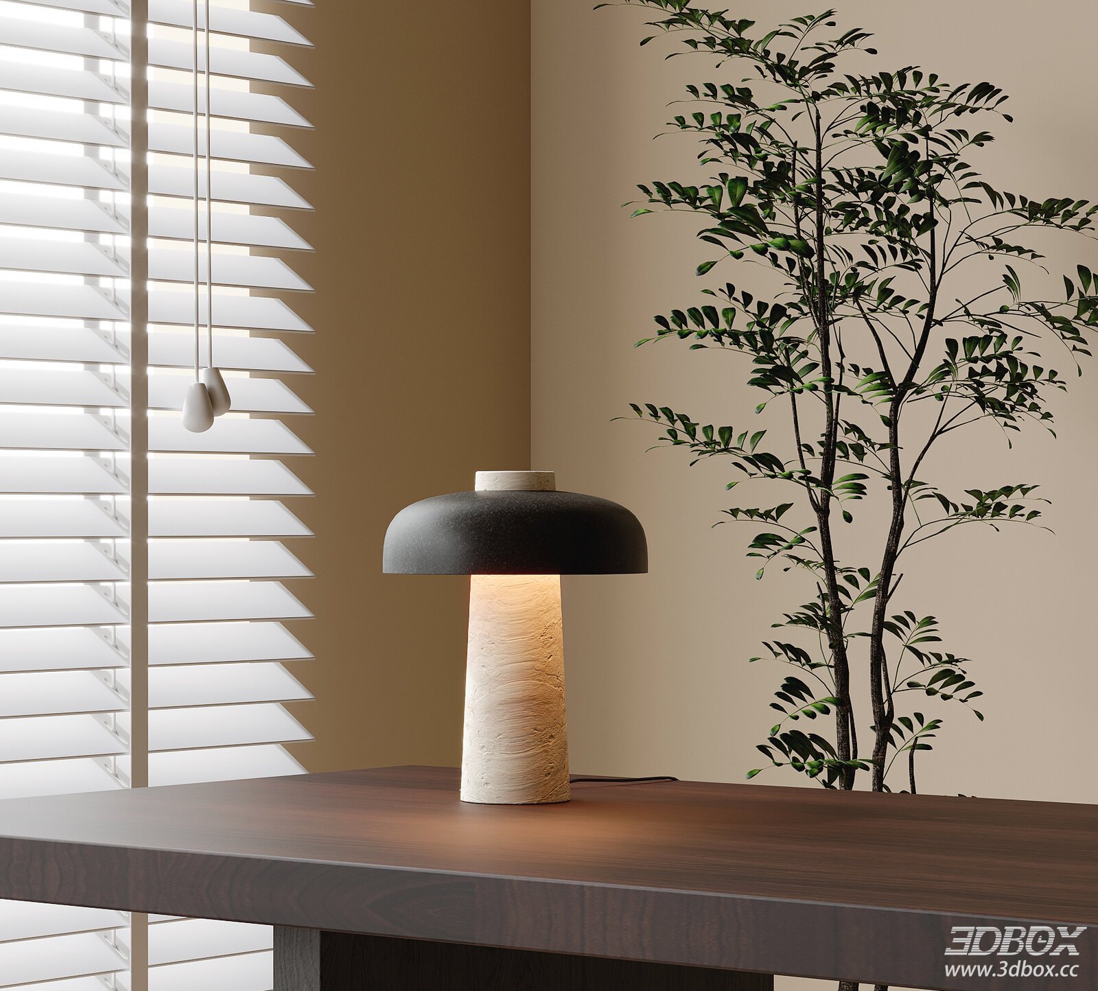Modern Wooden Desk with Table Lamp and Plant