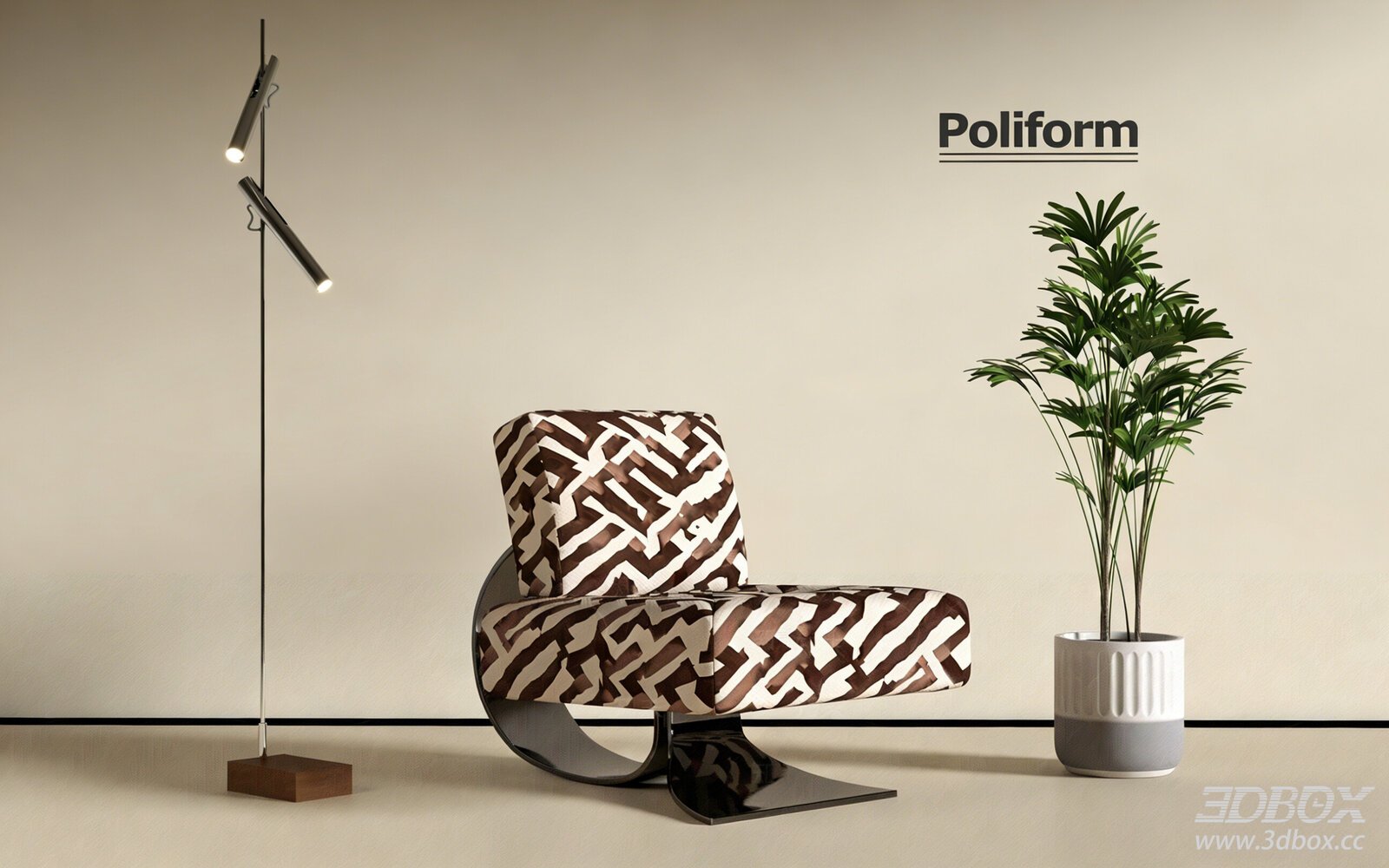 Modern Fabric Armchair with Floor Lamp and Plant