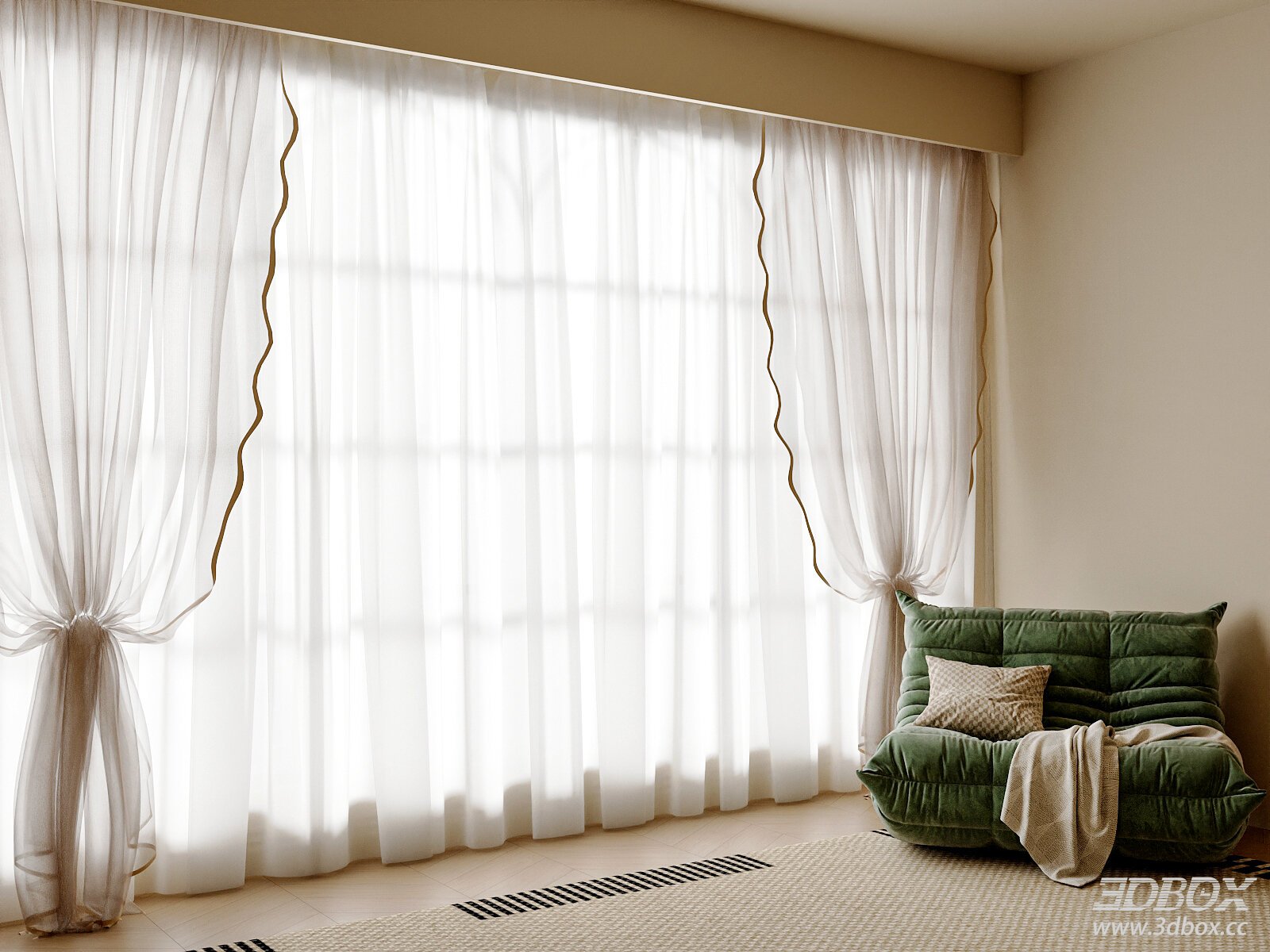 Modern Living Room with Green Sofa and Sheer Curtains