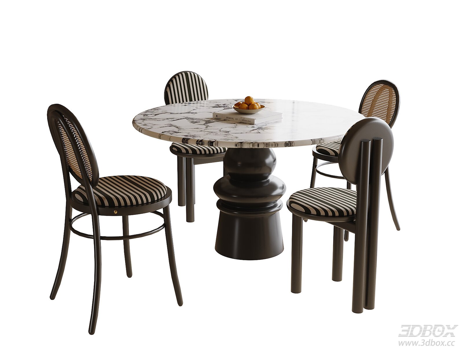 Round Marble Dining Table with Striped Chairs