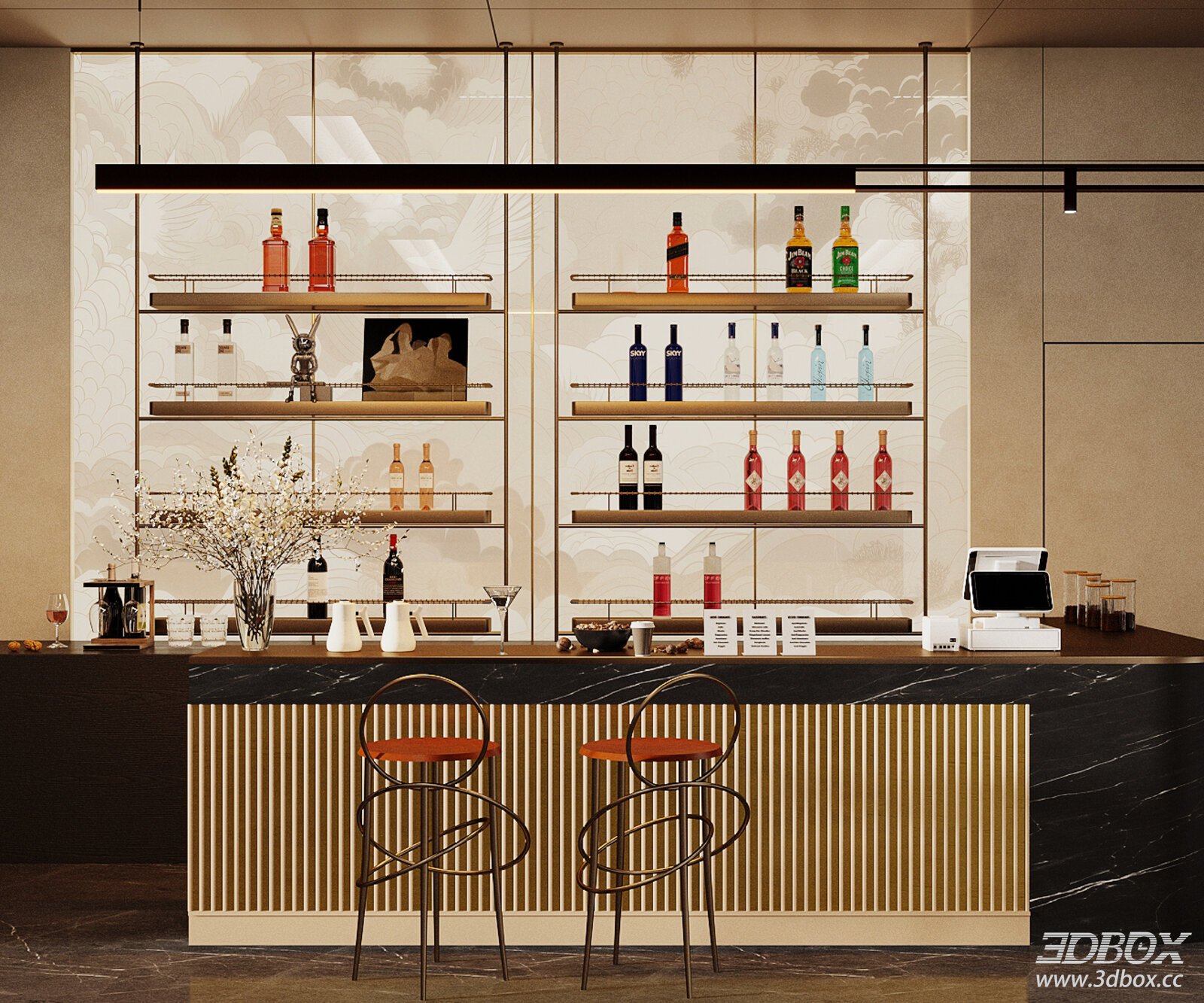 Modern Luxury Bar Counter with Stools and Bottles