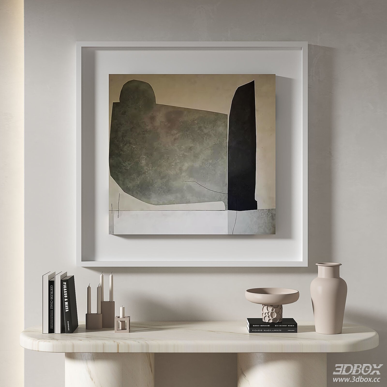 Modern Abstract Framed Artwork with Marble Console
