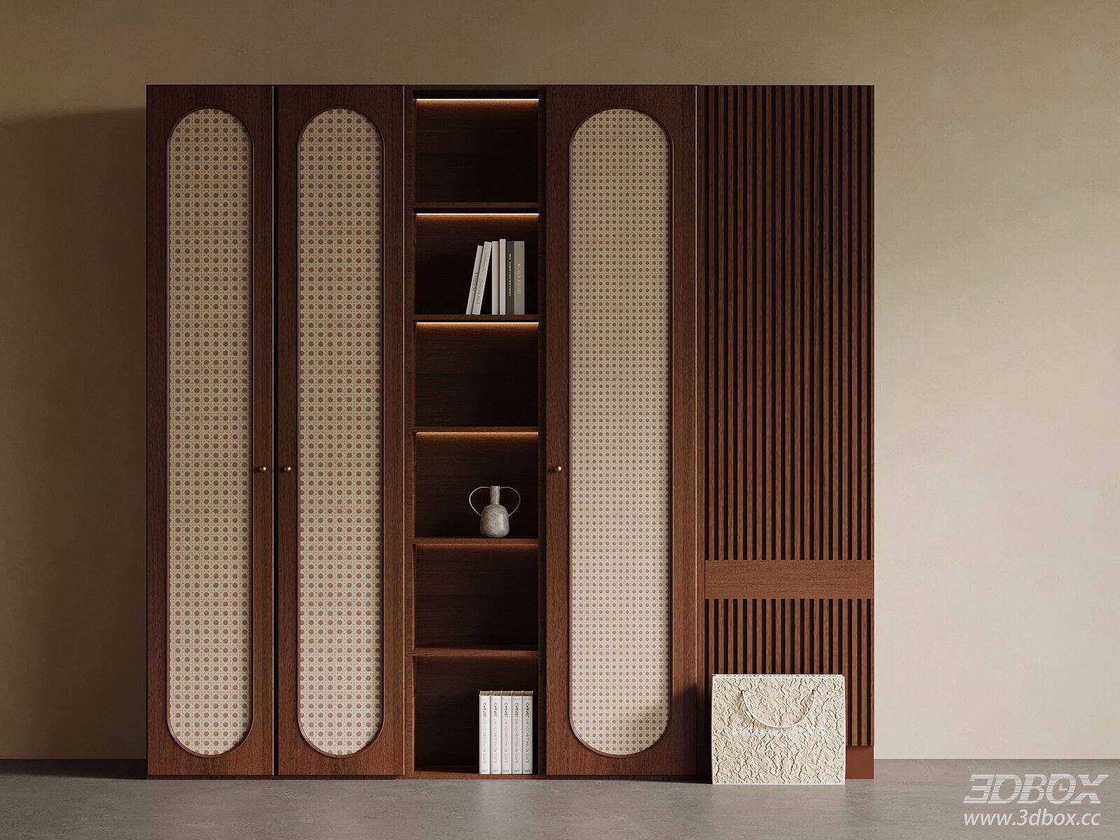 Mid - Century Style Wooden Wardrobe with Rattan Detailing