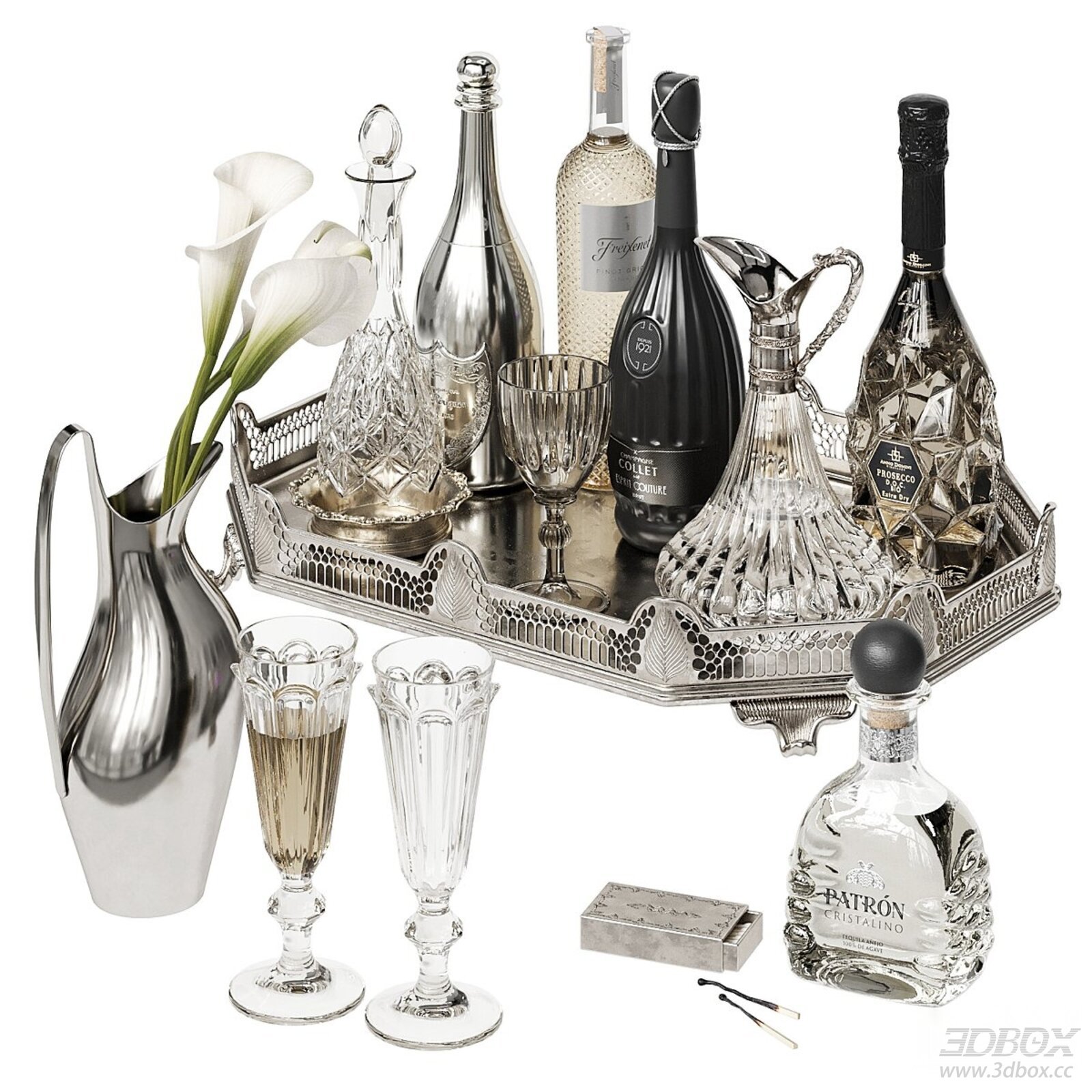 Decorative Tray with Bottles and Glasses