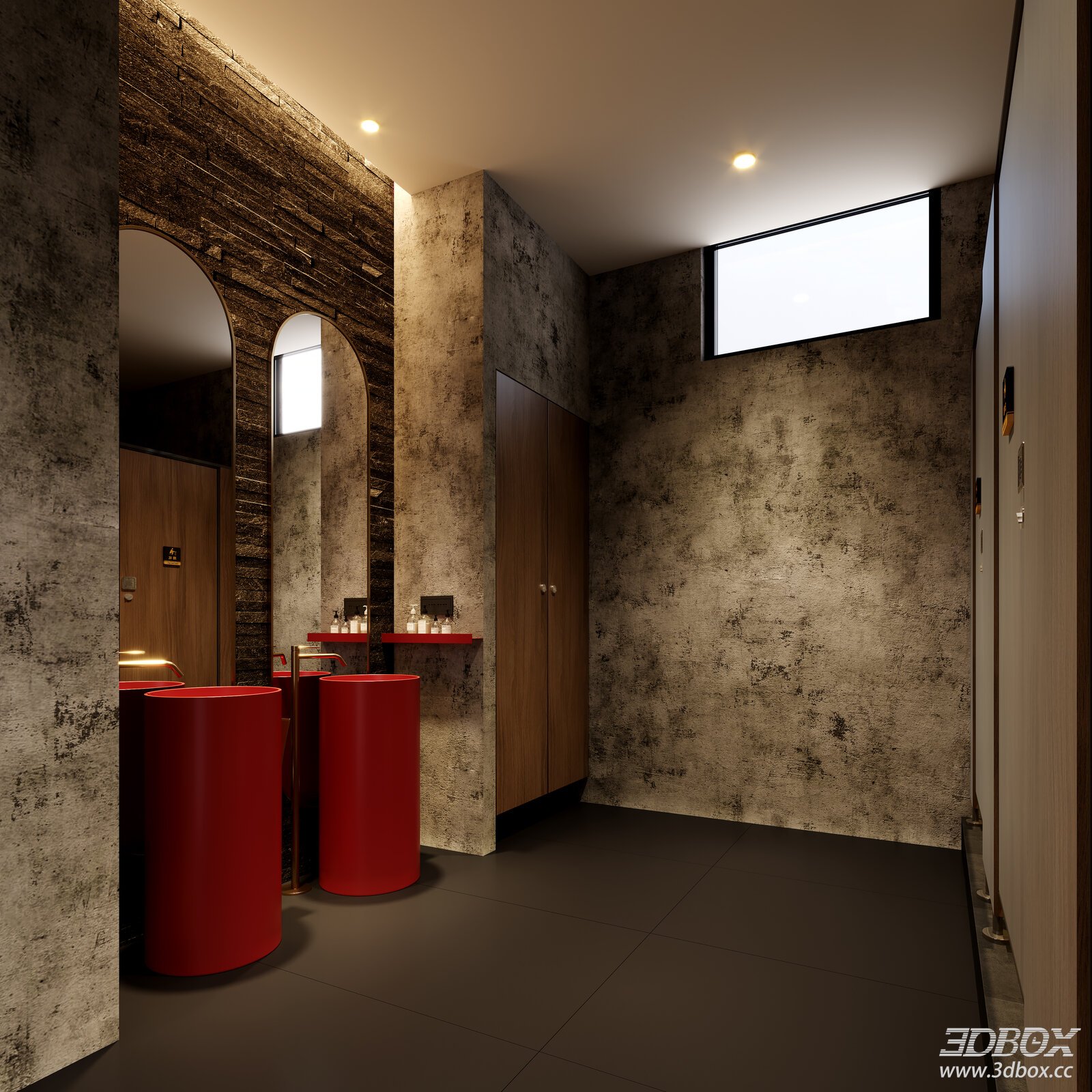 Modern Bathroom with Red Sinks and Mirrors
