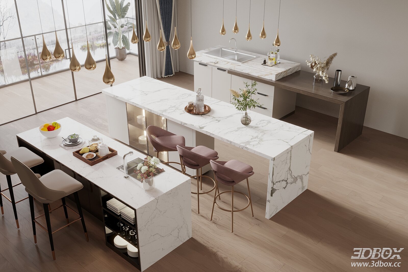 Modern Island Counter with Dining Table and Chairs