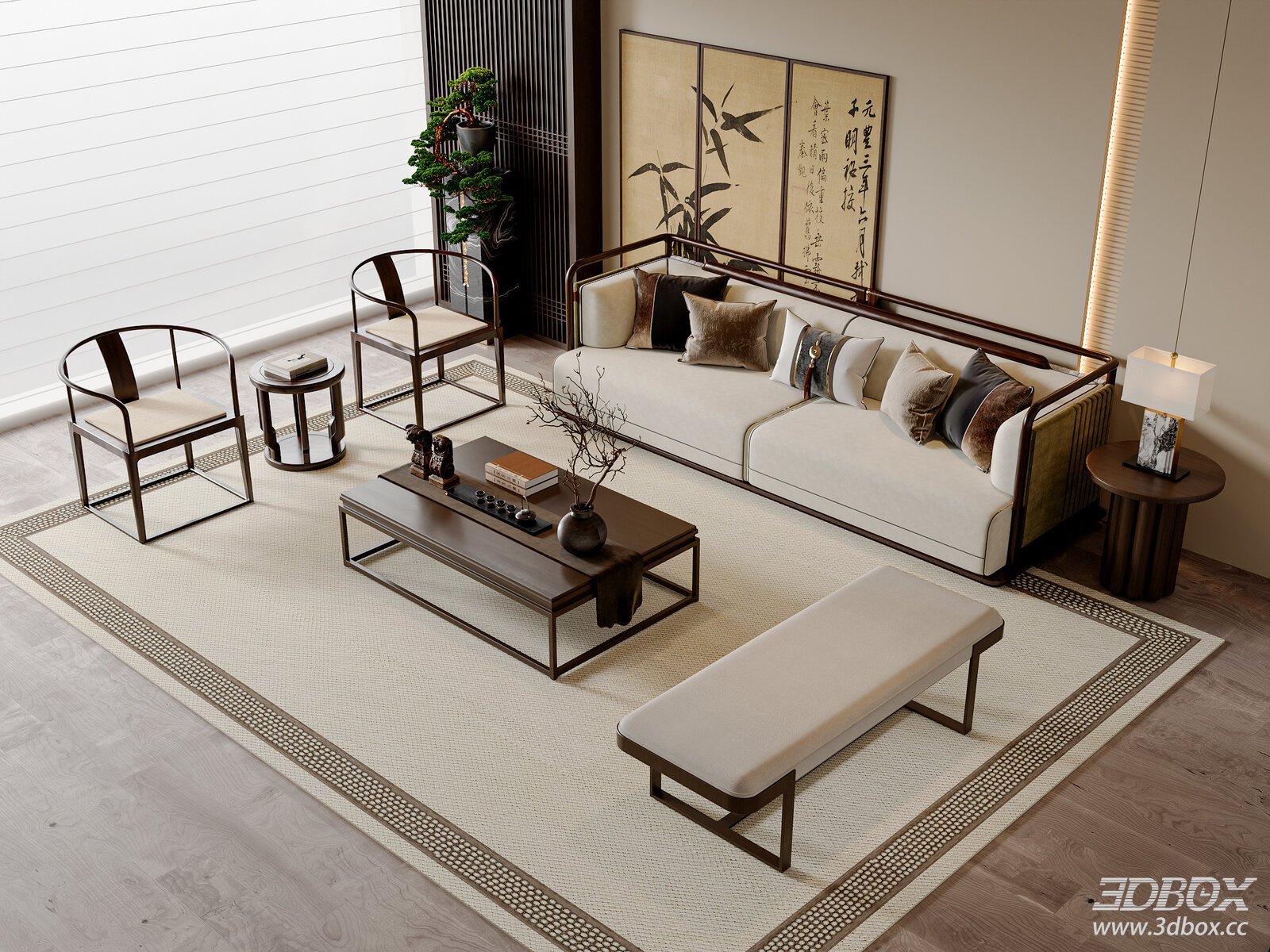 Chinese - style Sofa Set with Armchairs and Coffee Table