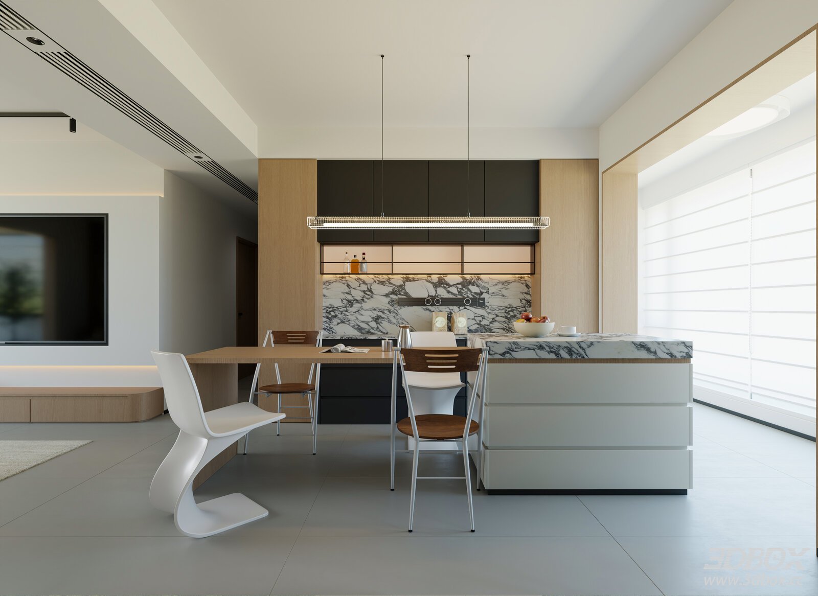 Modern Italian Minimalist Dining Room with Sideboard and Island