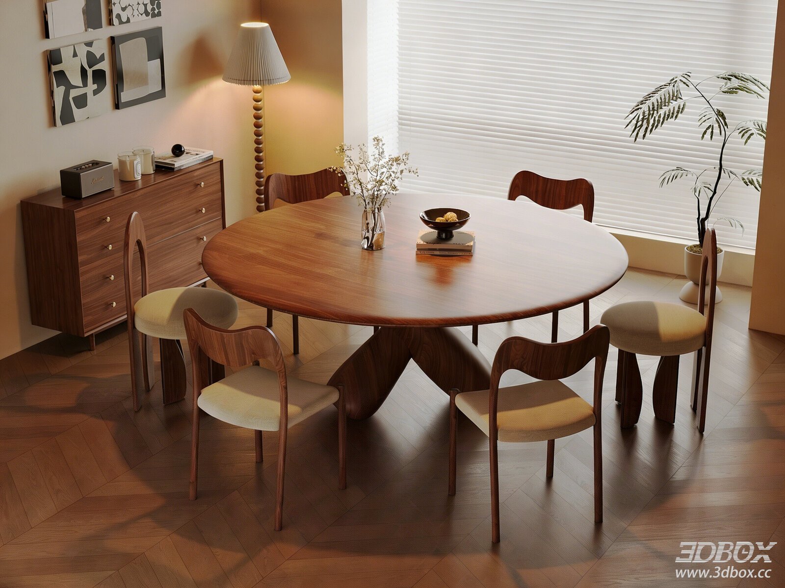 Vintage Mid - Century Solid Wood Round Dining Table and Chairs Set