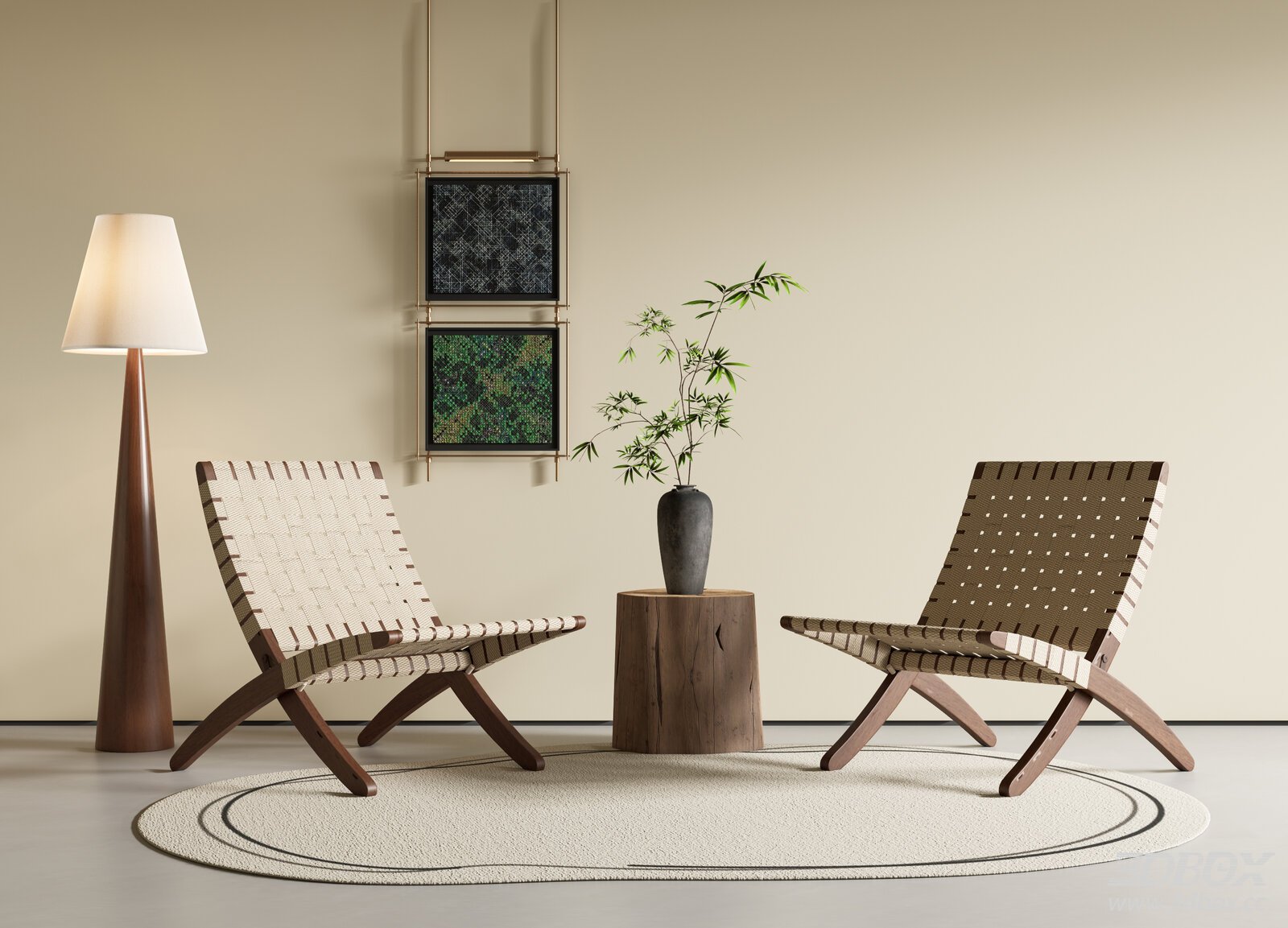 Wabi - Sabi Style Lounge Chairs with Floor Lamp and Side Table