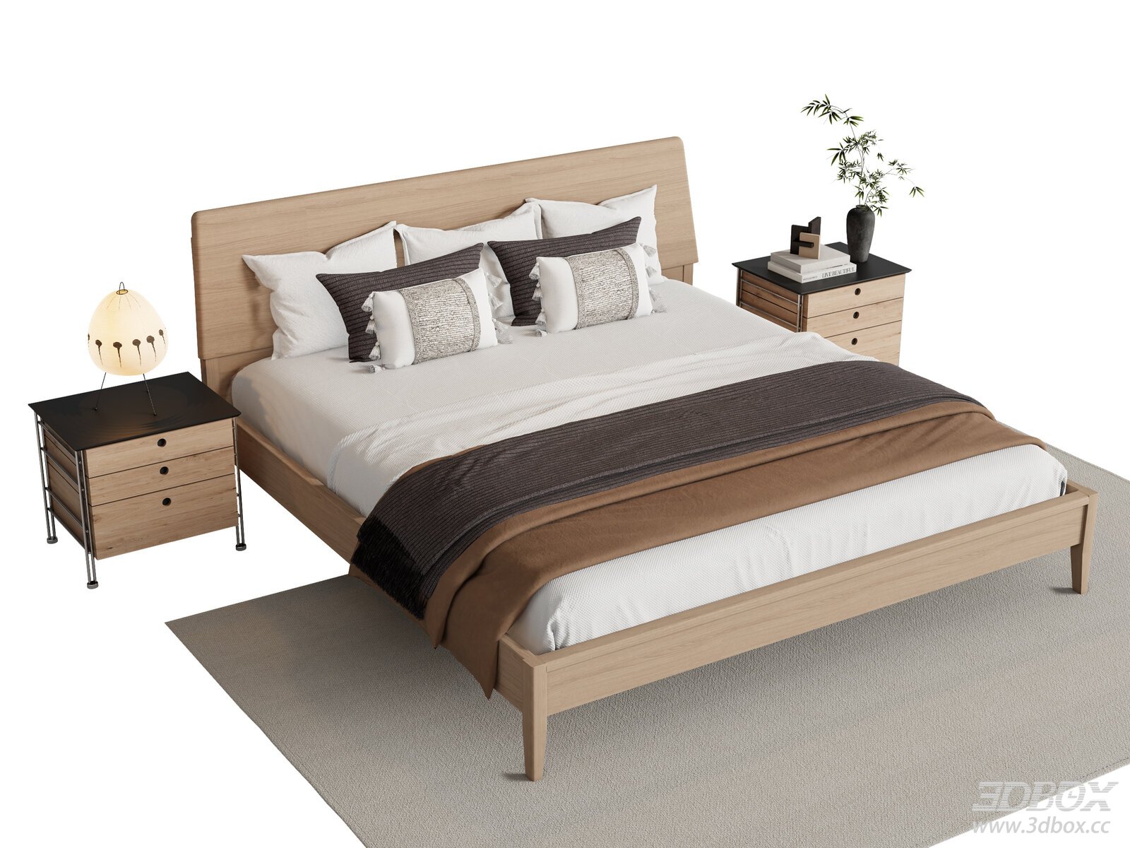 Modern Wooden Double Bed with Nightstands