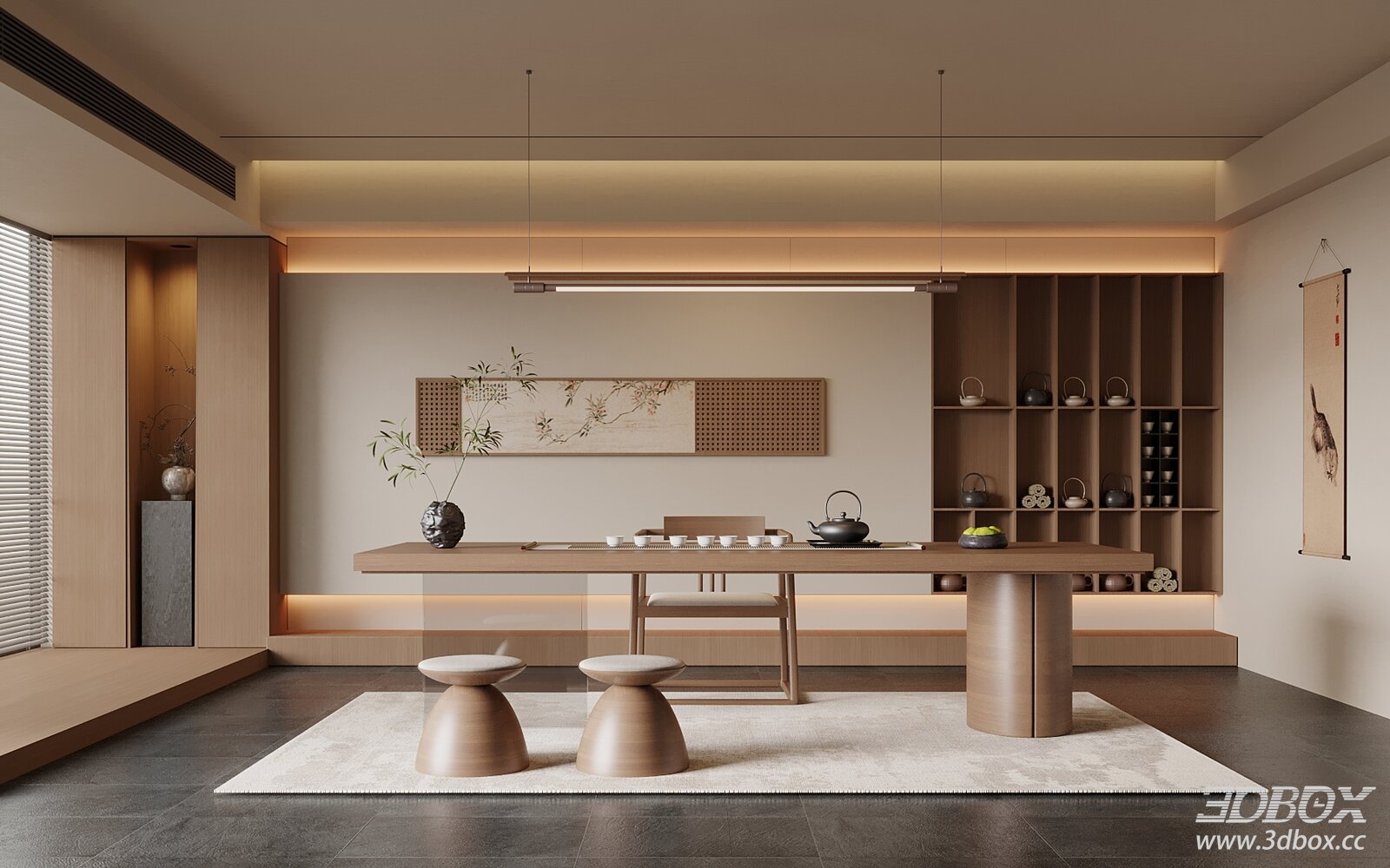 Chinese - style Tea Room with Tea Table and Stools