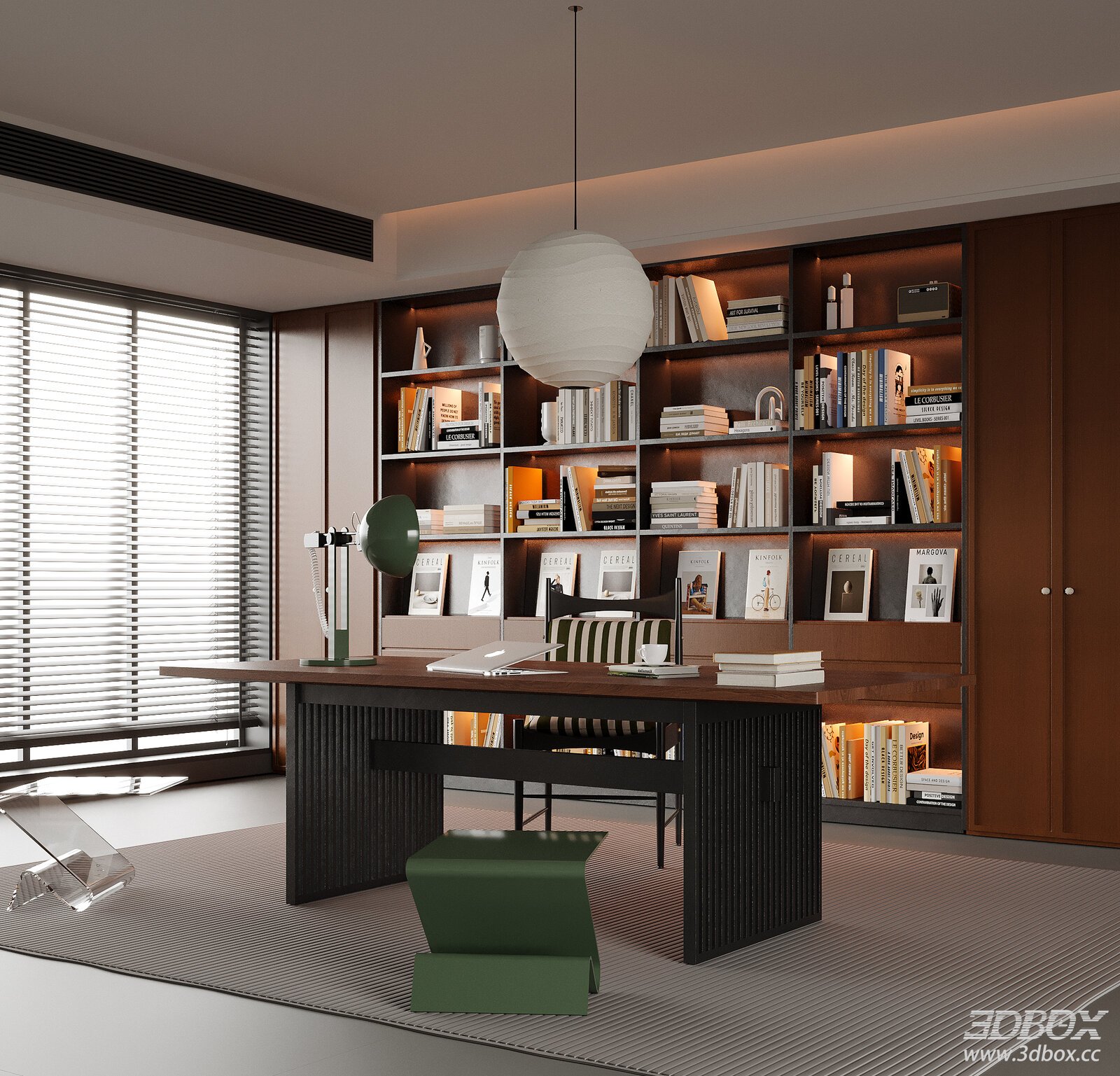 Modern Study Room with Desk and Bookshelf
