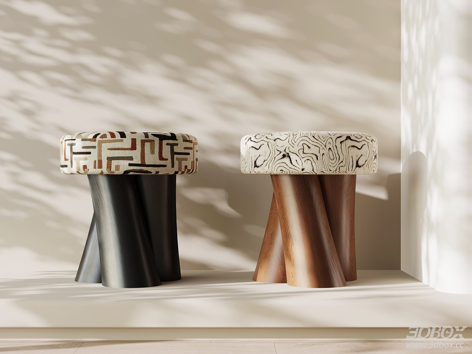 Modern Retro Stools with Patterned Upholstery