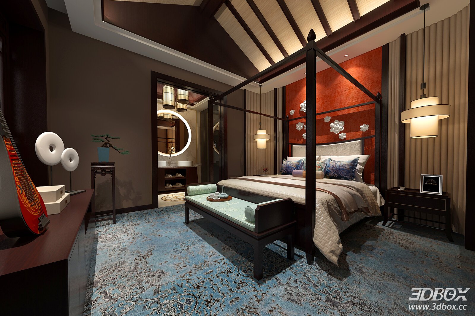 Chinese - style Bedroom with Four - poster Bed