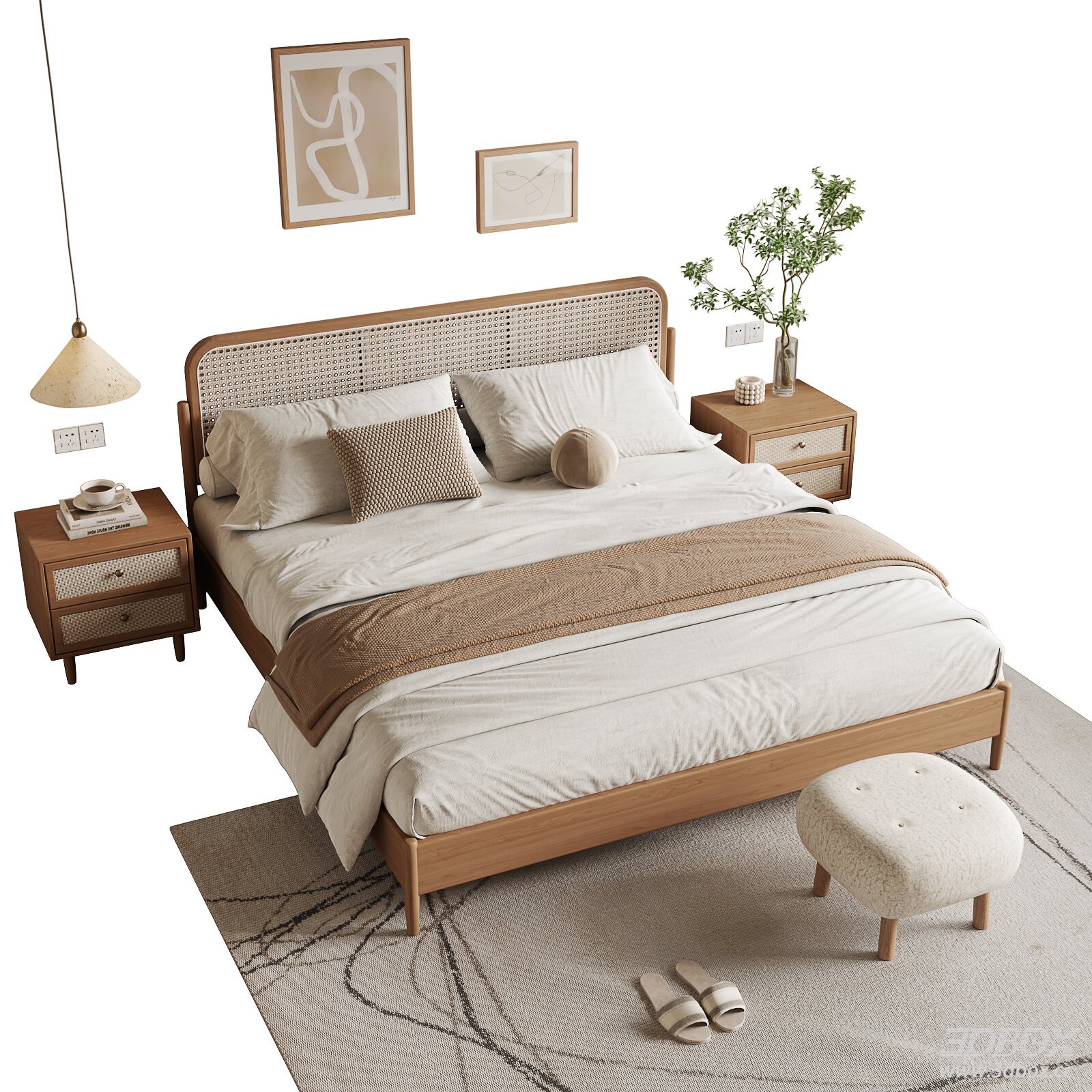 Nordic - style Double Bed with Nightstands