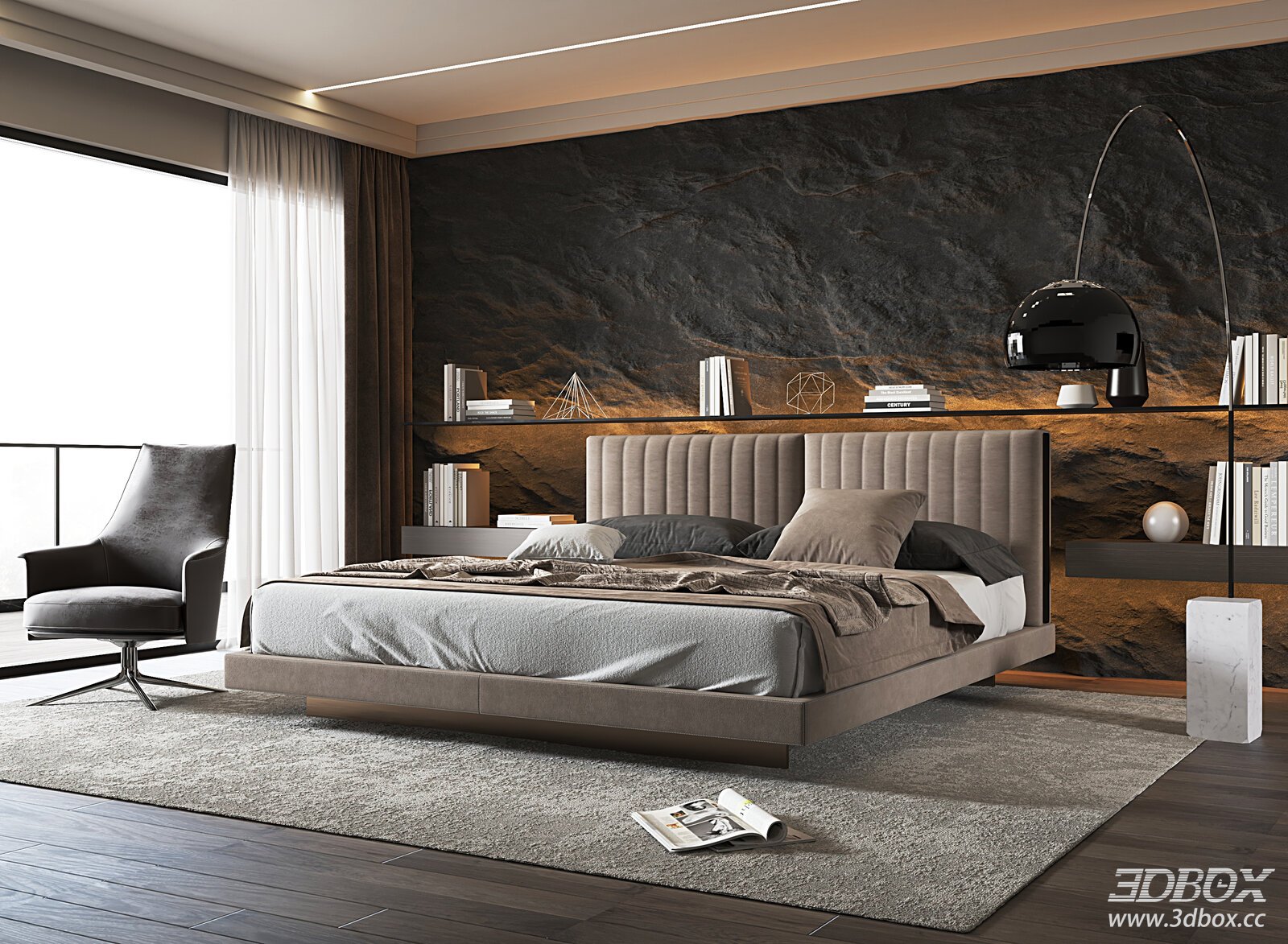 Modern Bedroom with Stylish Bed and Floor Lamp