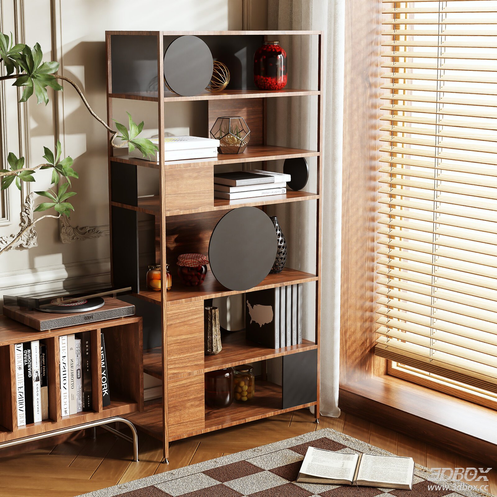 Modern Wooden Bookshelf with Decorative Elements