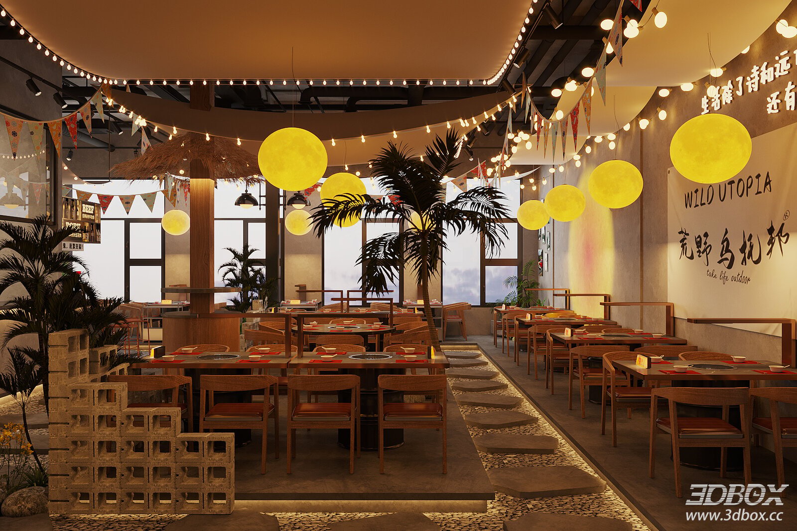Industrial - style Restaurant Interior with Hanging Lamps