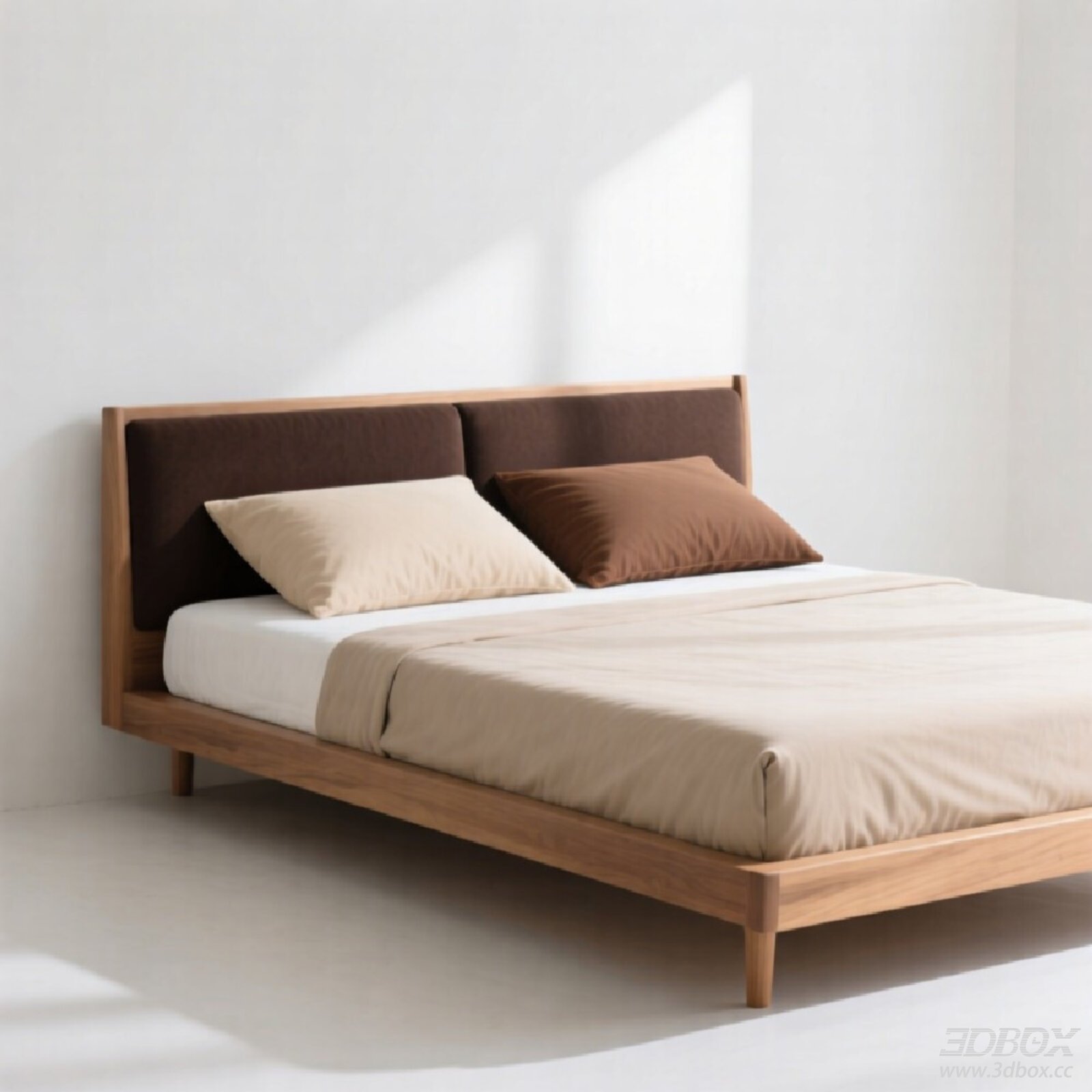 Modern Wooden Double Bed with Upholstered Headboard