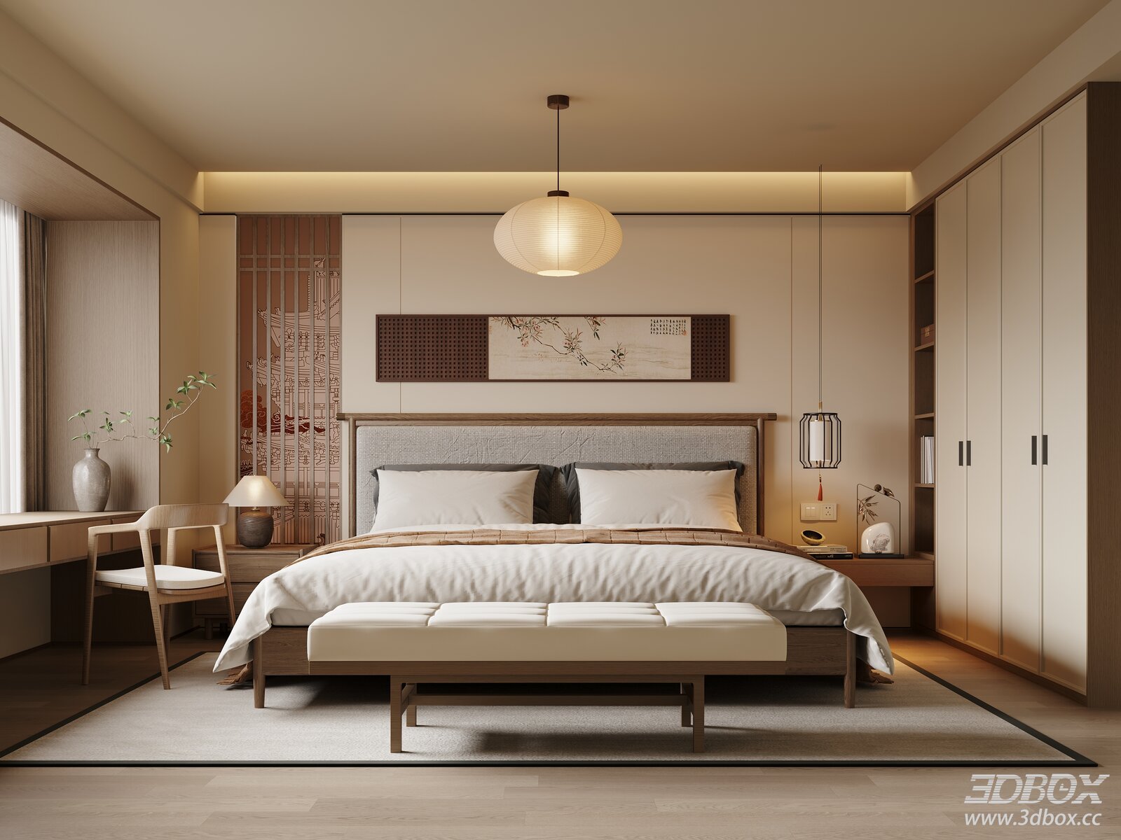 Chinese Zen - style Bedroom with Double - bed