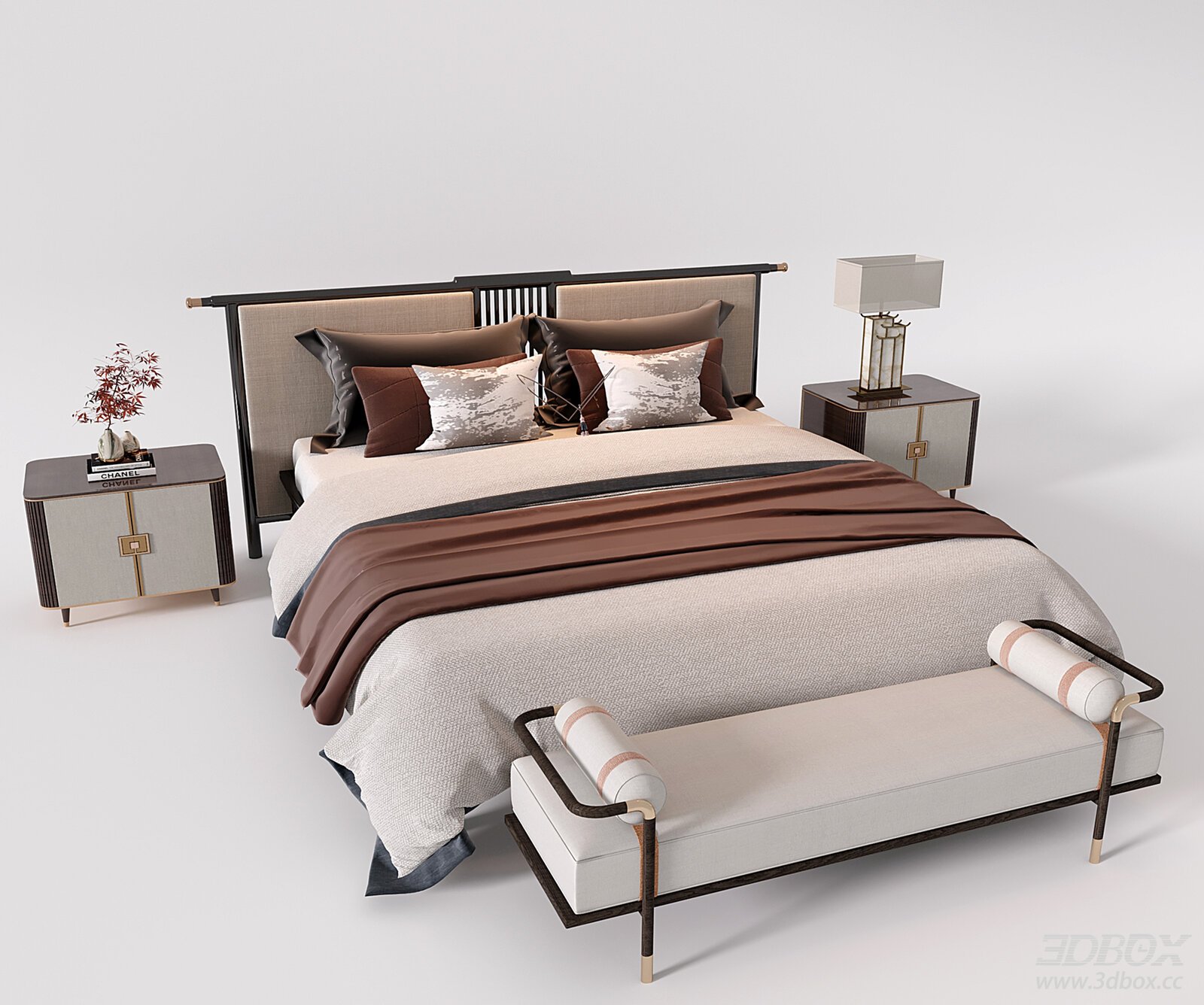 Chinese - style Double Bed with Nightstands and Bench