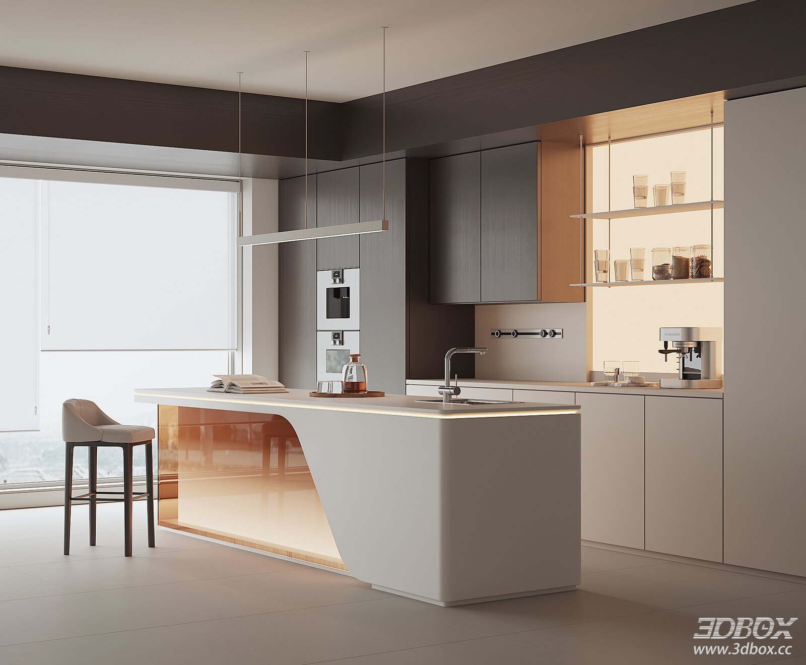 Modern Kitchen with Island and Stool