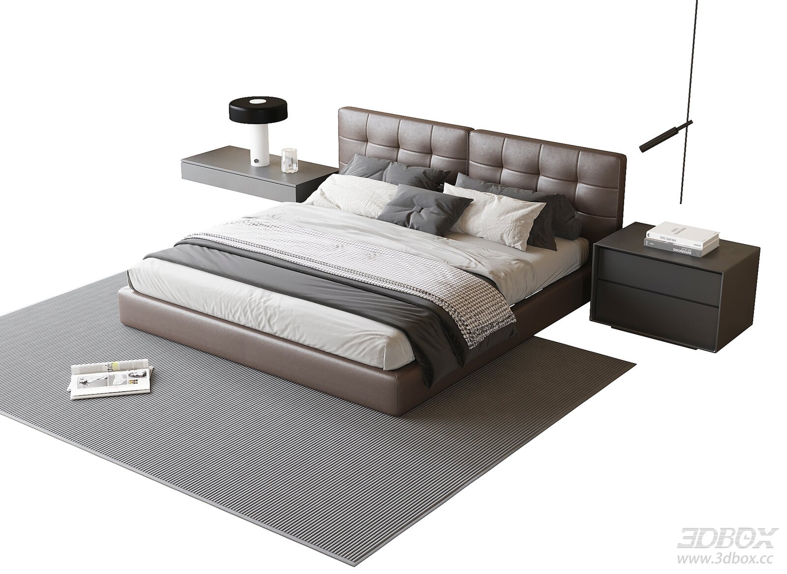 Modern Leather Double Bed with Nightstands and Table Lamp