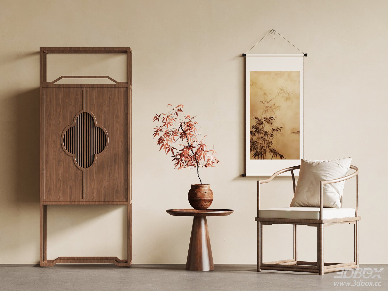 Chinese - style Leisure Chair, Cabinet and Scroll Painting