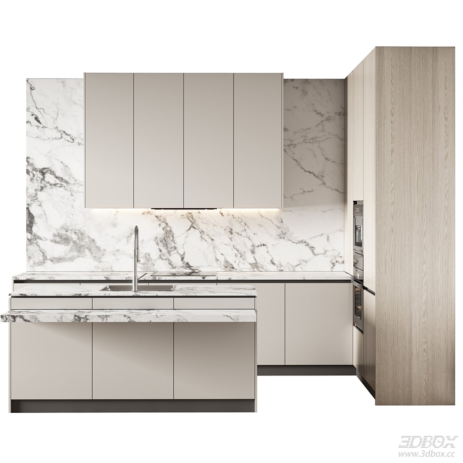 Modern Kitchen Cabinetry with Marble Backsplash