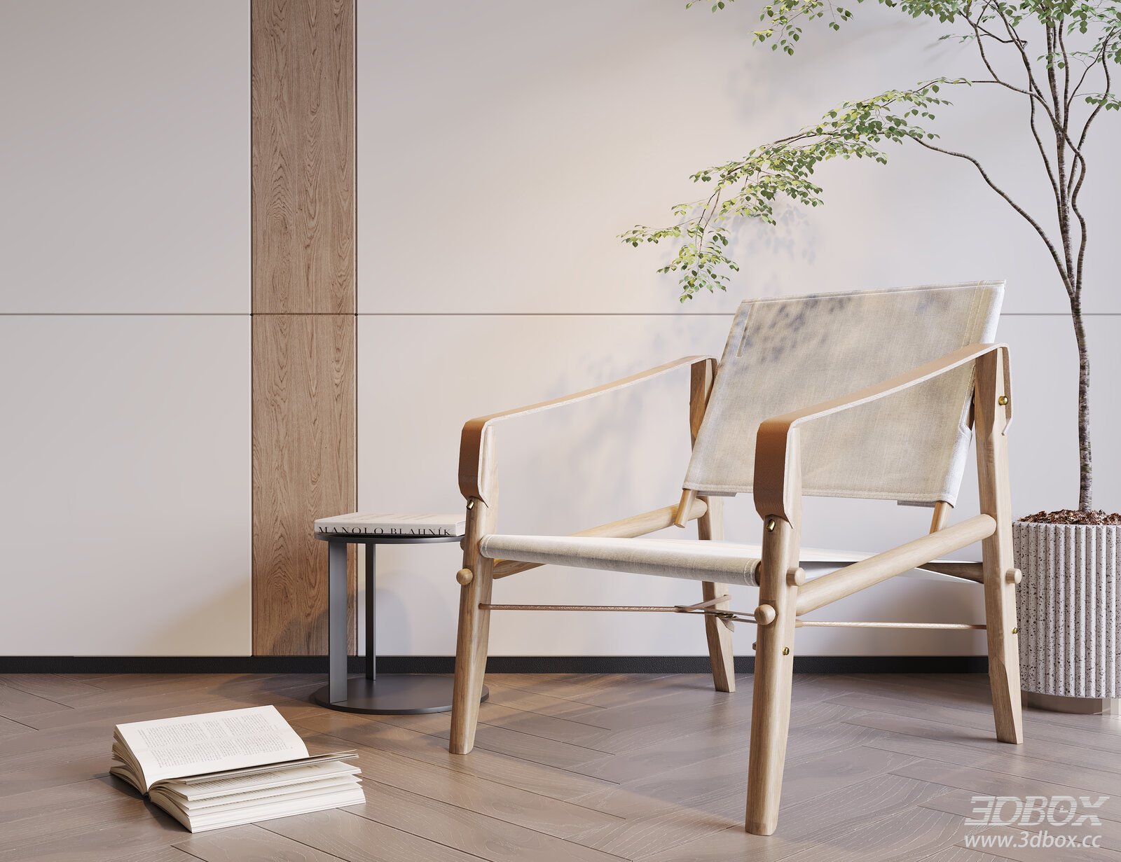 Modern Log - style Armchair with Side Table and Greenery