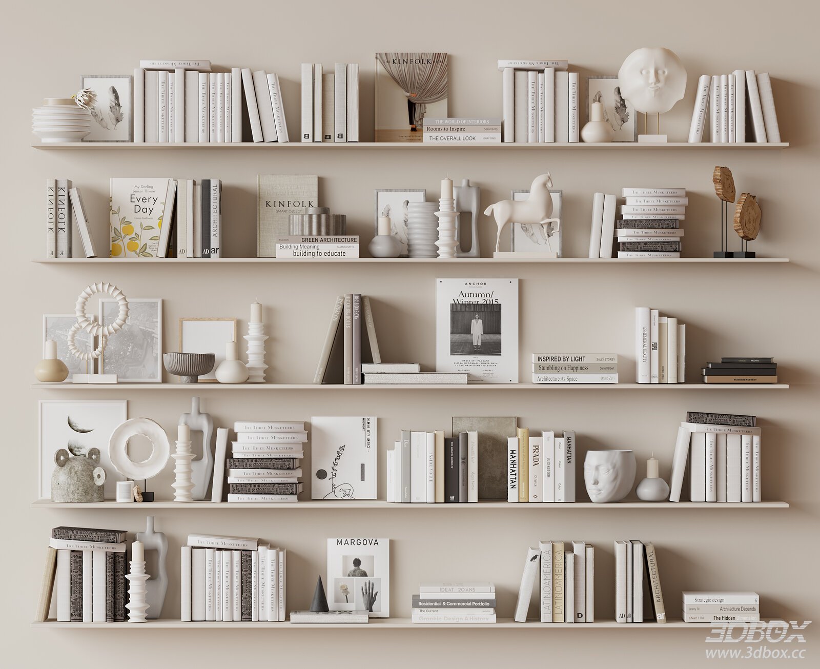 Modern Decorative Ornaments and Books on Shelves
