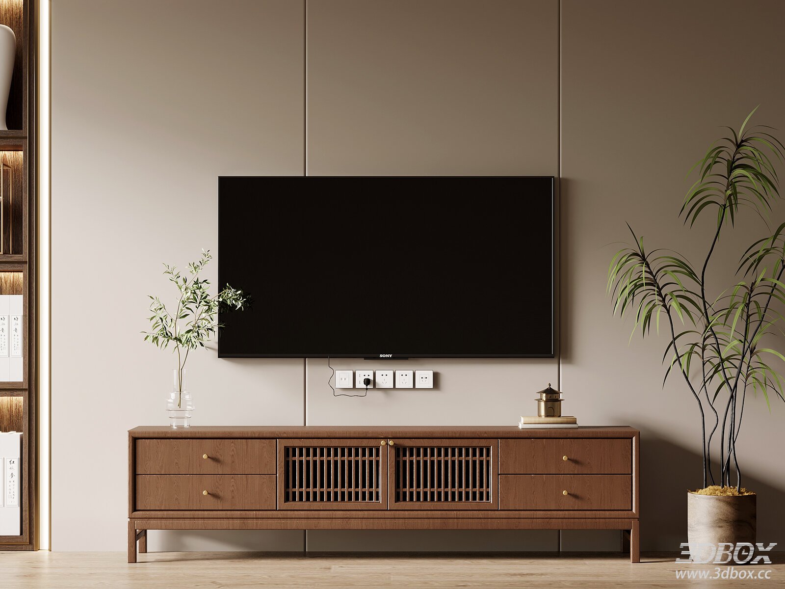 Chinese - style TV Cabinet with Decorative Items and Plants